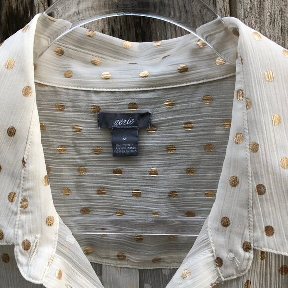 aerie Sheer Gold Polka Dot Long Sleeve Blouse Button Down Medium - Picture 3 of 7